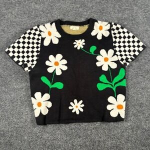 Debut Cropped Sweater Womens Large Black Daisy Floral Checkerboard Tight Knit